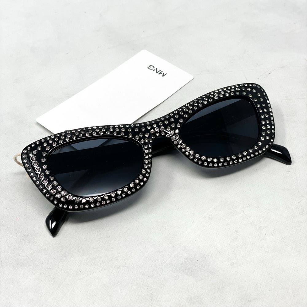 NWT Mango Mng Rhinestone Sunglasses Recycled Materials Black Retro Glam Sexy - Picture 4 of 14